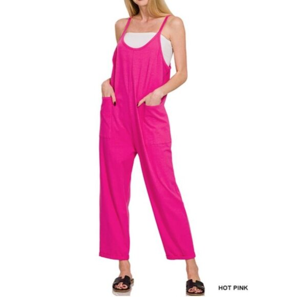 Pants - #0434 Hot Pink NWOT Spaghetti Strap Pocketed Jumpsuit Sizes S/M & L/XL Relax Fit